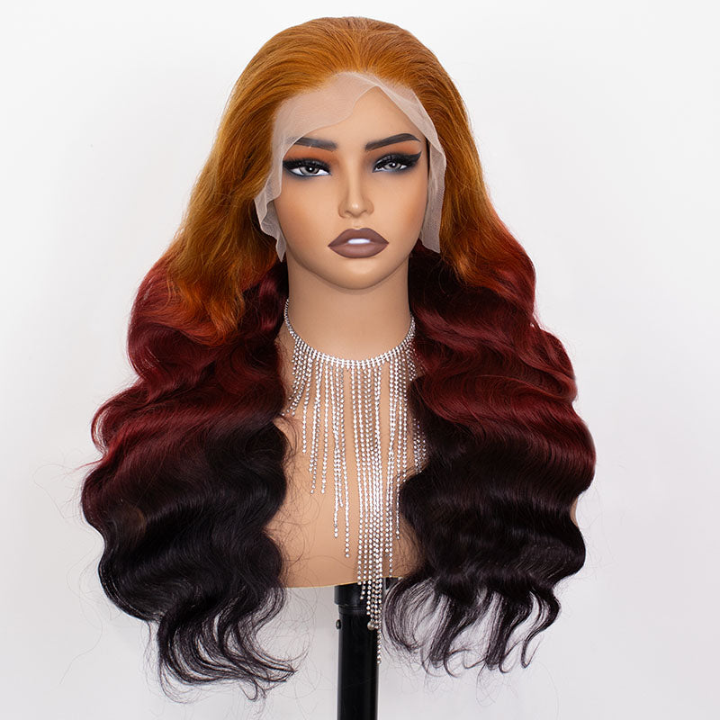 eullair Flawless Gorgeous Ombre Coral Orange Cooper Brown Body Wave Human Hair Wig Sunset Cooper Brown Lace Frontal Wig