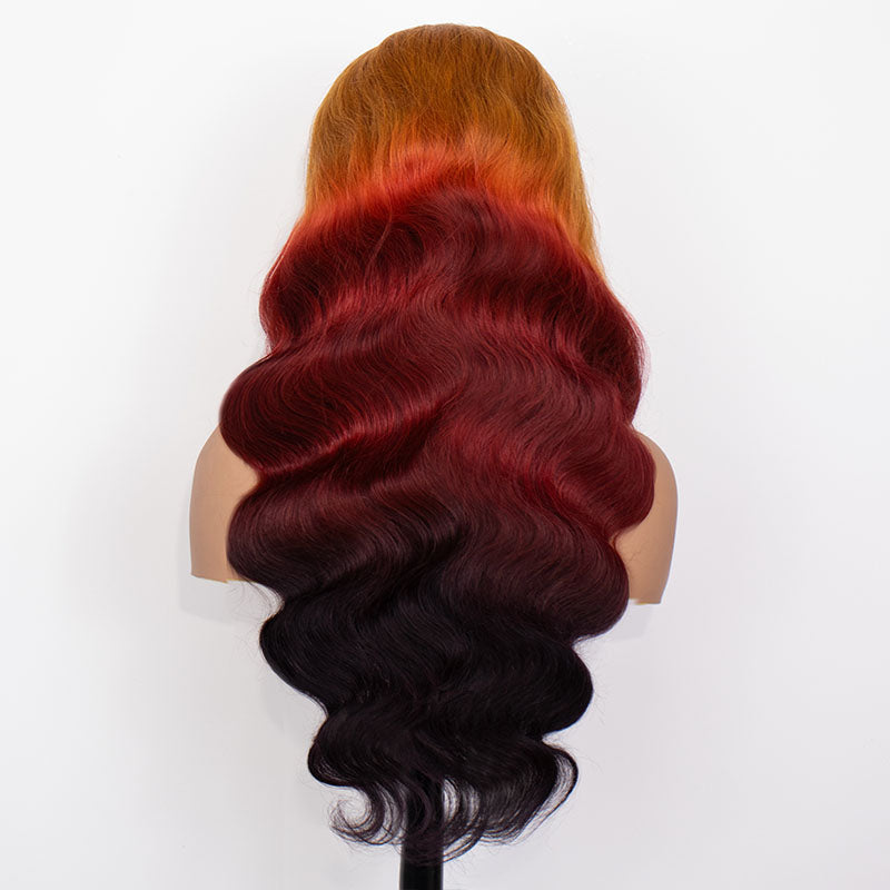 eullair Flawless Gorgeous Ombre Coral Orange Cooper Brown Body Wave Human Hair Wig Sunset Cooper Brown Lace Frontal Wig