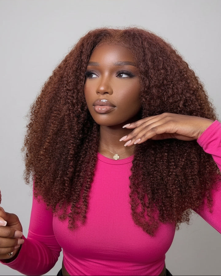 eullair Ginger Brown 4C Kinky Curly 360 Lace Wig - Invisi Strap Snug Fit, Pre-Laid Flat
