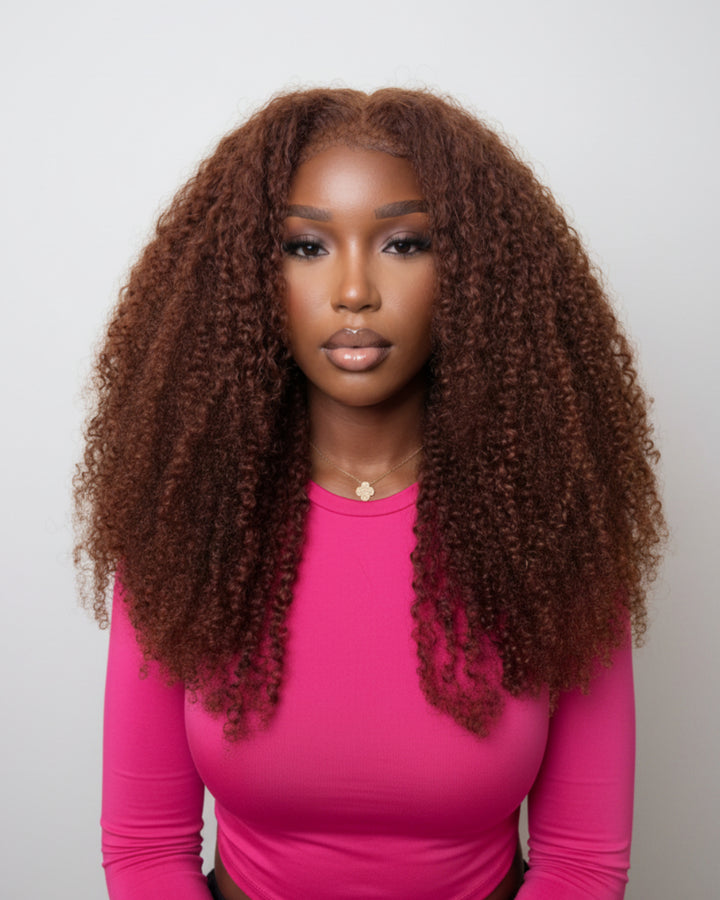 eullair Ginger Brown 4C Kinky Curly 360 Lace Wig - Invisi Strap Snug Fit, Pre-Laid Flat
