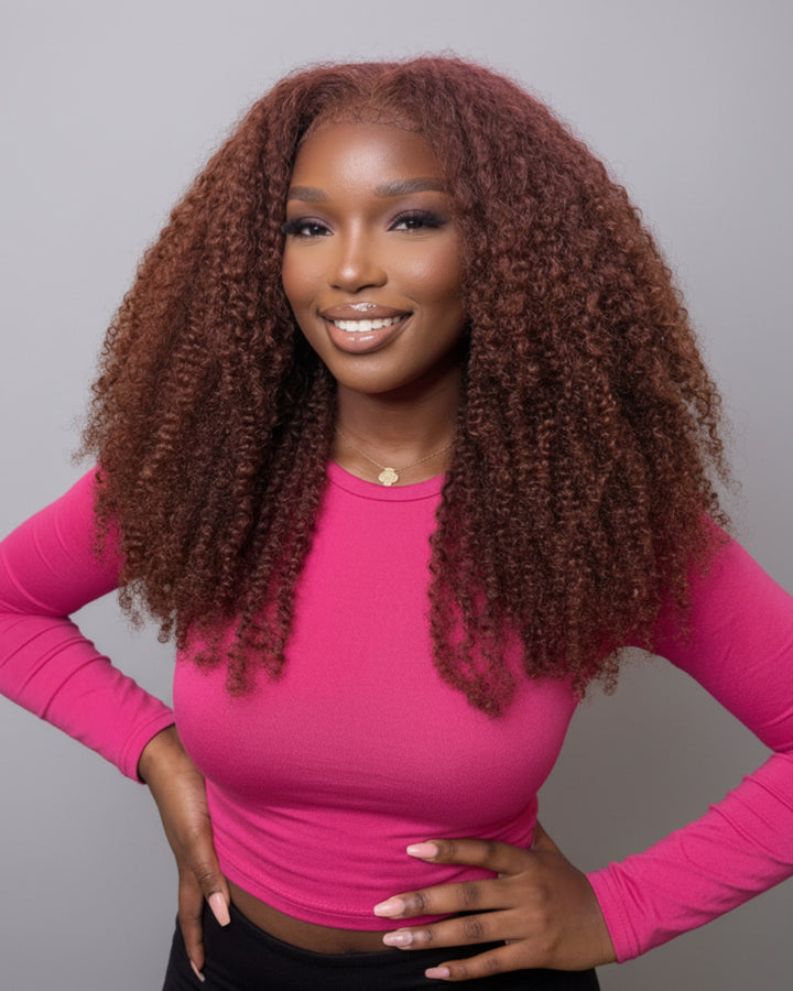 eullair Ginger Brown 4C Kinky Curly 360 Lace Wig - Invisi Strap Snug Fit, Pre-Laid Flat
