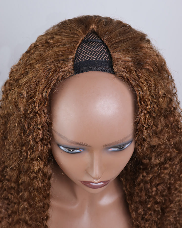 eullair Ginger Brown Color Curly V Part Wig Soft Full Volume Human Hair Easy Natural Blend