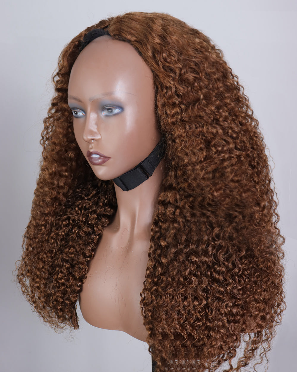 eullair Ginger Brown Color Curly V Part Wig Soft Full Volume Human Hair Easy Natural Blend