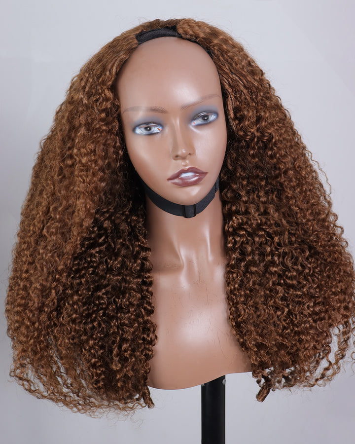 eullair Ginger Brown Color Curly V Part Wig Soft Full Volume Human Hair Easy Natural Blend