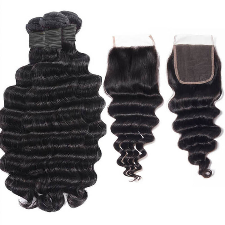 eullair Loose Deep Wave Bundles With Closure 3/4 PCS With 4x4 5x5 2x6 Lace Closure