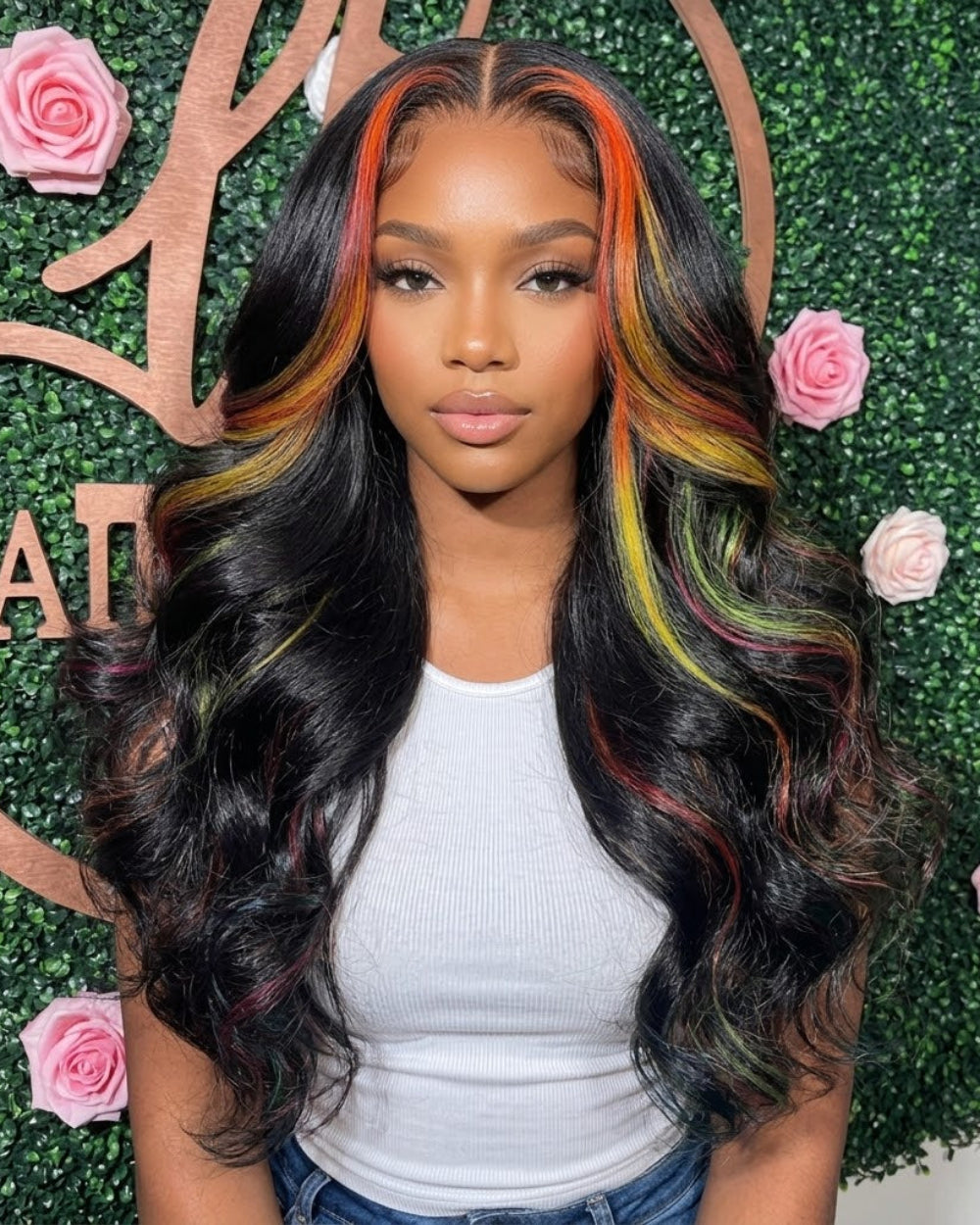 eullair Multi Colored Peakaboo Highlights Straight Human Hair Wig Pink Purple Blue Green Body Wave Lace Frontal Wigs Pre Plucked 180%