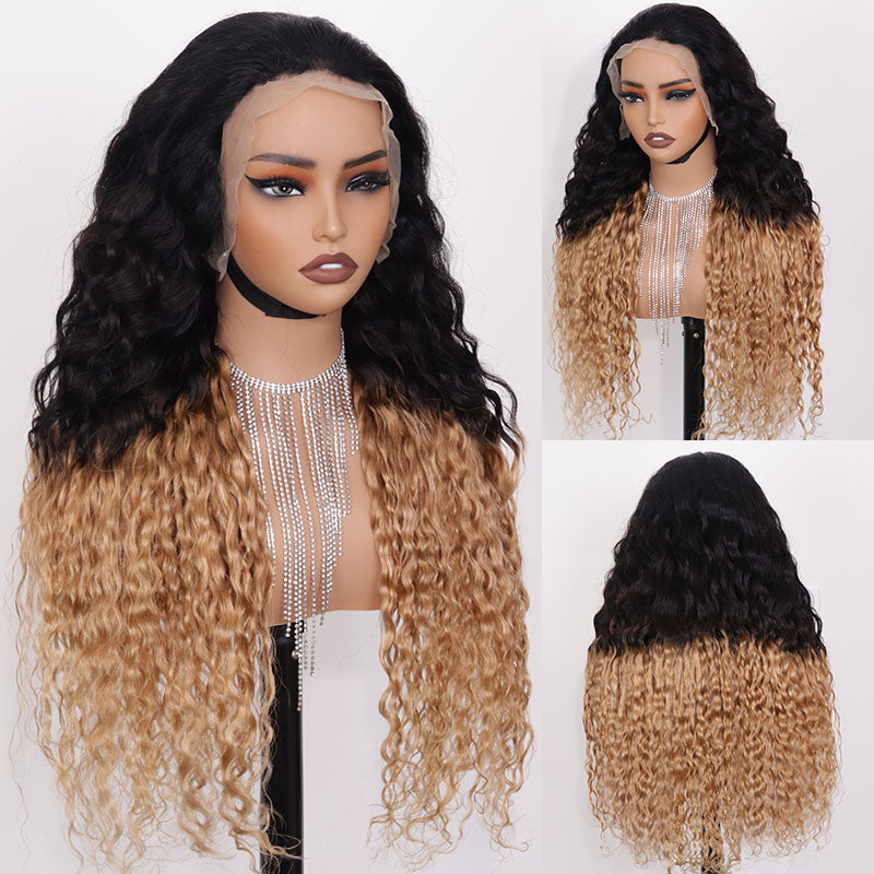 eullair Ombre 1b Honey Blonde Water Wave Glueless Lace Frontal Wig Breathable HD Lace Pre Colored Two Tones Curly Human Hair Wig Easy Install and Low Maintenance ( EW004 )