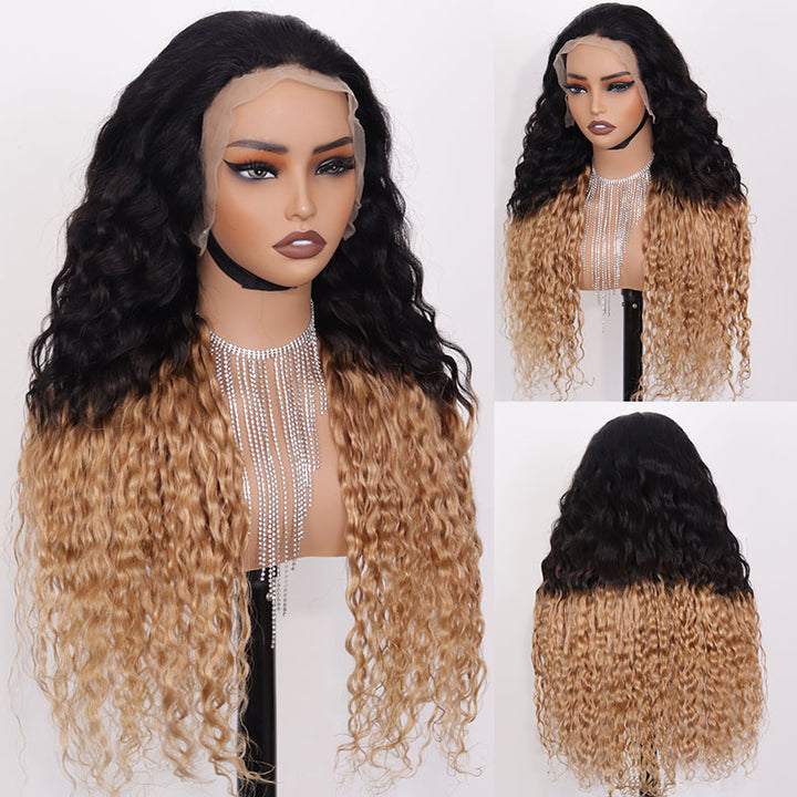 eullair Ombre 1b Honey Blonde Water Wave Glueless Lace Frontal Wig Breathable HD Lace Pre Colored Two Tones Curly Human Hair Wig Easy Install and Low Maintenance ( EW004 )