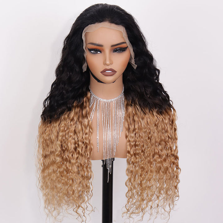 eullair Ombre 1b Honey Blonde Water Wave Glueless Lace Frontal Wig Breathable HD Lace Pre Colored Two Tones Curly Human Hair Wig Easy Install and Low Maintenance ( EW004 )