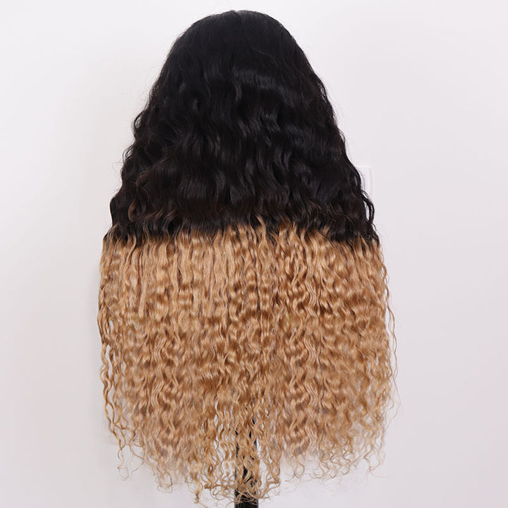eullair Ombre 1b Honey Blonde Water Wave Glueless Lace Frontal Wig Breathable HD Lace Pre Colored Two Tones Curly Human Hair Wig Easy Install and Low Maintenance ( EW004 )