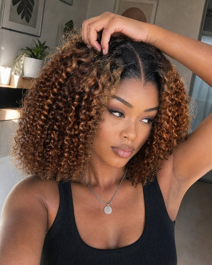 eullair Ombre Brown Kinky Curly BOB Wig Short Curly Human Hair Bob Wigs  Lace Frontal Human Hair Wigs For Girls