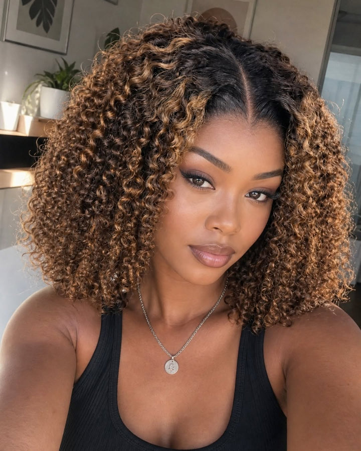 eullair Ombre Brown Kinky Curly BOB Wig Short Curly Human Hair Bob Wigs  Lace Frontal Human Hair Wigs For Girls