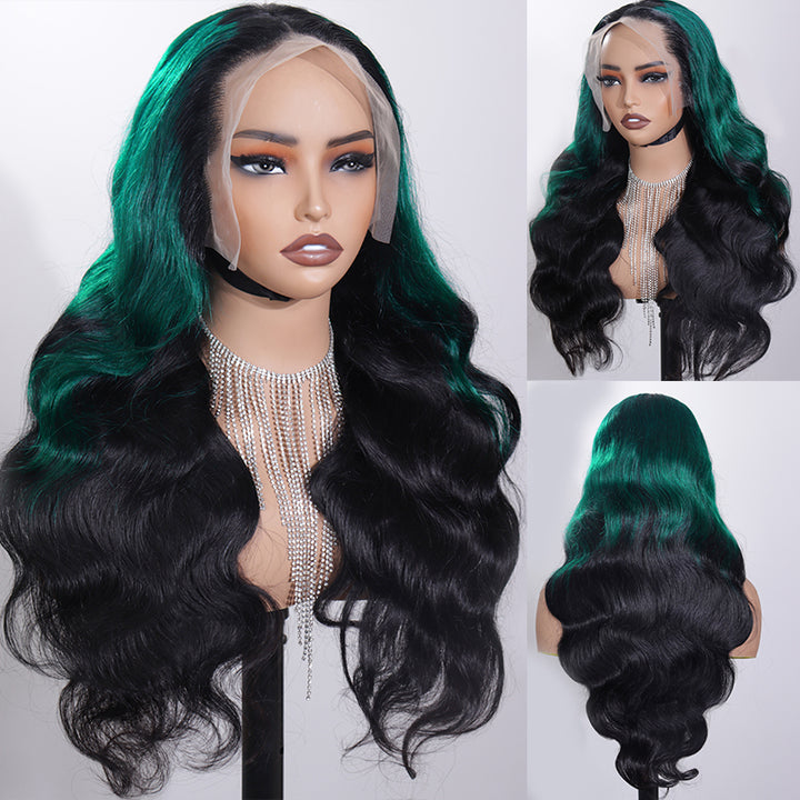 eullair Ombre Dark Green Black Body Wave Lace Frontal Wig With 1b Roots Pre Colored Two Tones Human Hair Lace Wigs For Women ( EW013 )