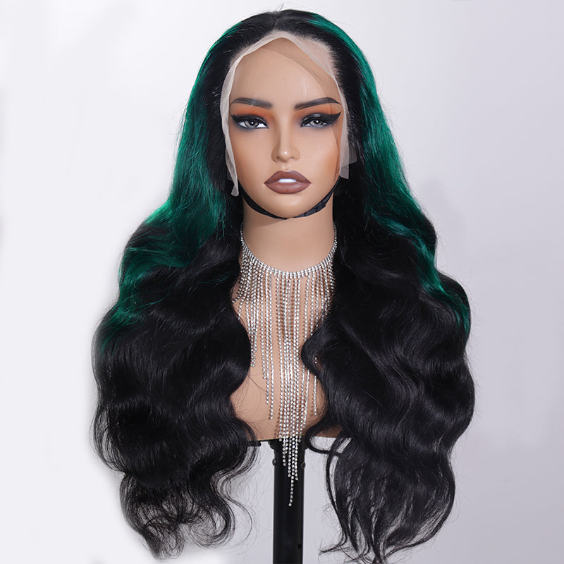 eullair Ombre Dark Green Black Body Wave Lace Frontal Wig With 1b Roots Pre Colored Two Tones Human Hair Lace Wigs For Women ( EW013 )