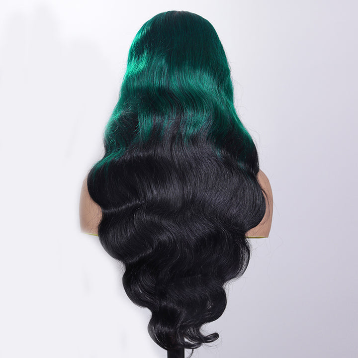 eullair Ombre Dark Green Black Body Wave Lace Frontal Wig With 1b Roots Pre Colored Two Tones Human Hair Lace Wigs For Women ( EW013 )