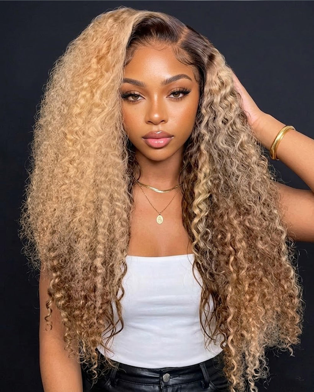 eullair Ombre Honey Blonde Kinky Curly Lace Frontal Wig Highlights Glueless Human Hair Lace Wigs