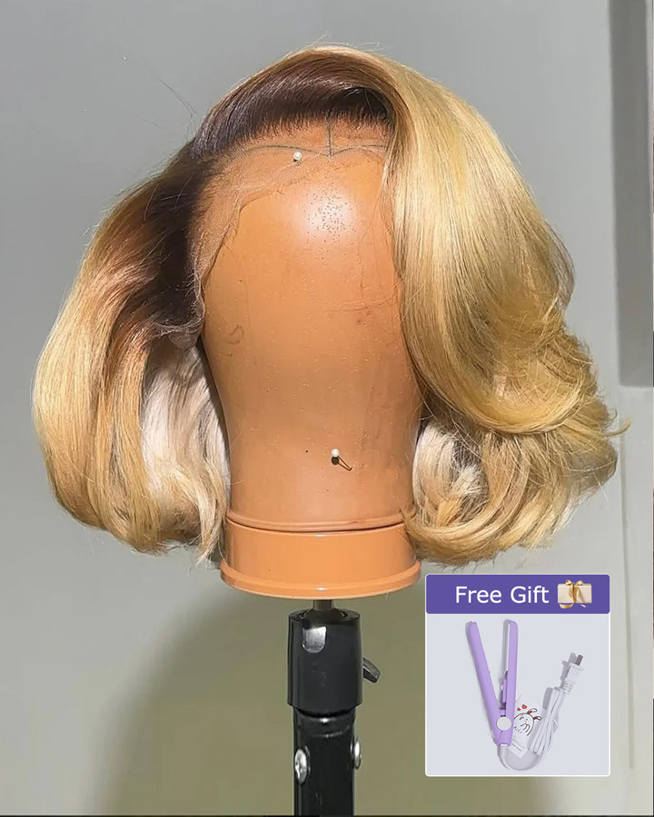 eullair Ombre Honey Blonde Layer Blow Out Bob Wigs 1B Root 613 Color 13x4 Frontal Lace Human Hair Wigs