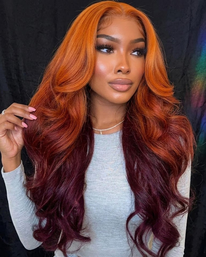 eullair Ombre Orange Cooper Brown Body Wave Human Hair Wig Transparent Lace Frontal Wig For Women ( EW007 )