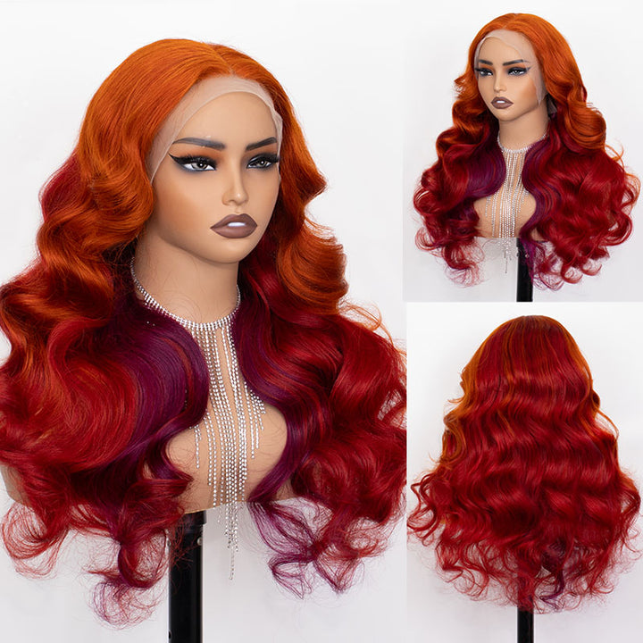 eullair Ombre Orange Cooper Brown Body Wave Human Hair Wig Transparent Lace Frontal Wig For Women ( EW007 )