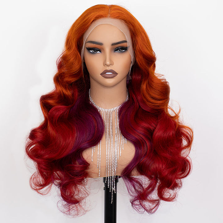eullair Ombre Orange Cooper Brown Body Wave Human Hair Wig Transparent Lace Frontal Wig For Women ( EW007 )
