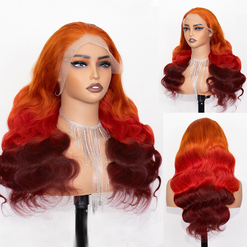 eullair Ombre Orange Red Brown Body Wave Wig Transparent Lace Frontal Human Hair Wig For Women