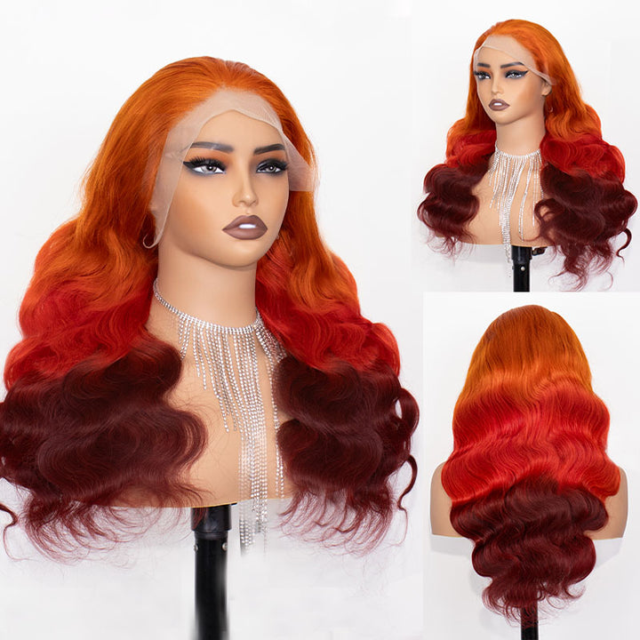 eullair Ombre Orange Red Brown Body Wave Wig Transparent Lace Frontal Human Hair Wig For Women