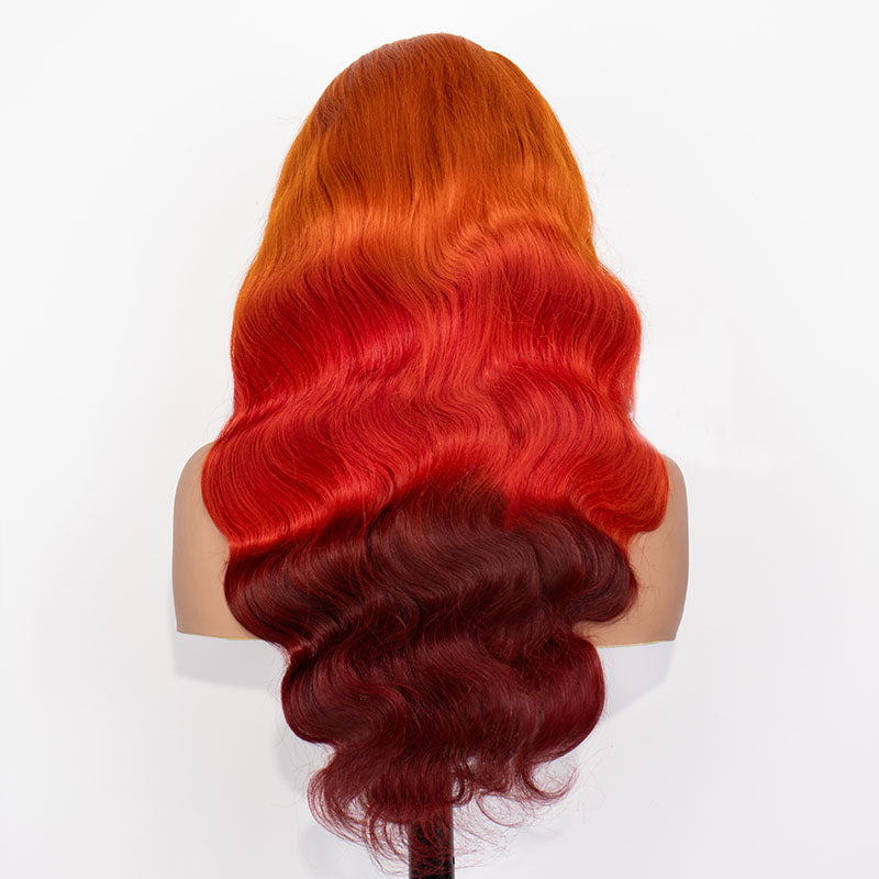 eullair Ombre Orange Red Brown Body Wave Wig Transparent Lace Frontal Human Hair Wig For Women