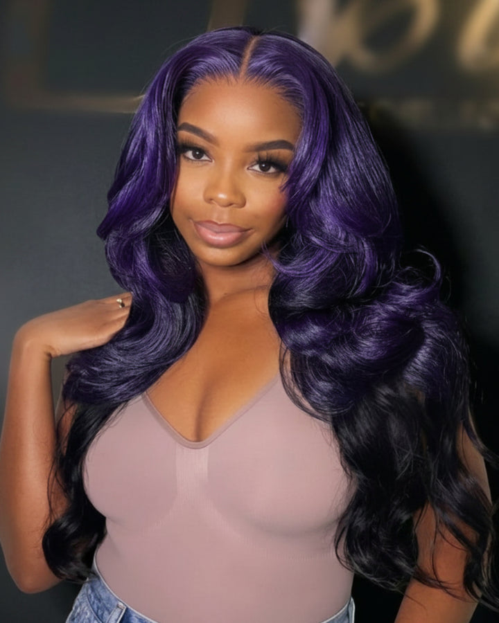 eullair Ombre Two Tones Purple Body Wave Wig with Layered Haircut Pre Colored Glueless Human Hair Lace Frontal Wig For Women ( EW003 )