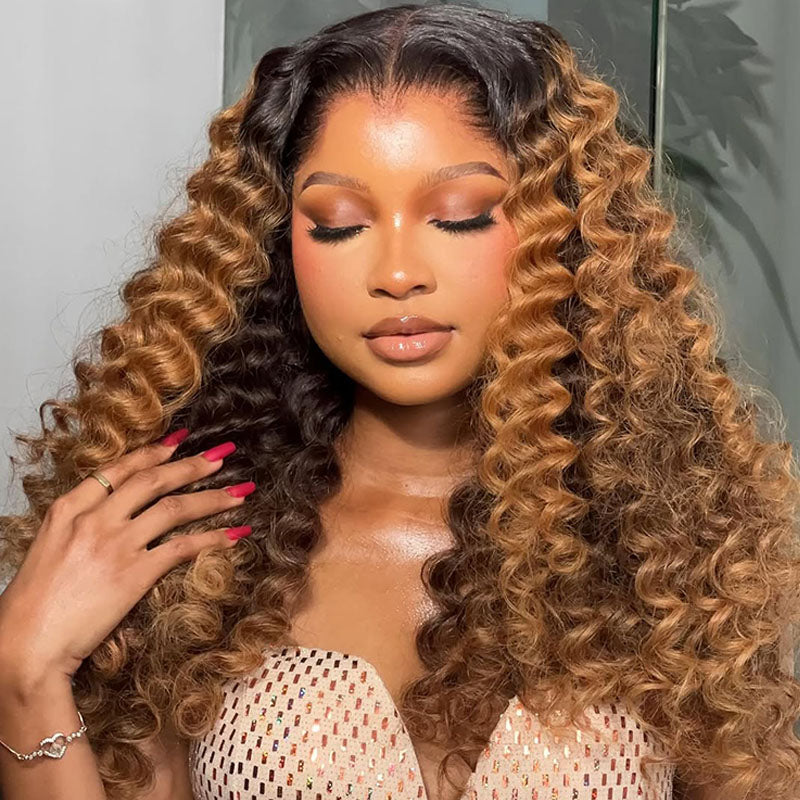 eullair T1B/Honey Brown Deep Curly Human Hair Lace Frontal Wig Pre Colored Glueless Lace Wig For Women ( EW012 )