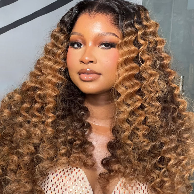 eullair T1B/Honey Brown Deep Curly Human Hair Lace Frontal Wig Pre Colored Glueless Lace Wig For Women ( EW012 )