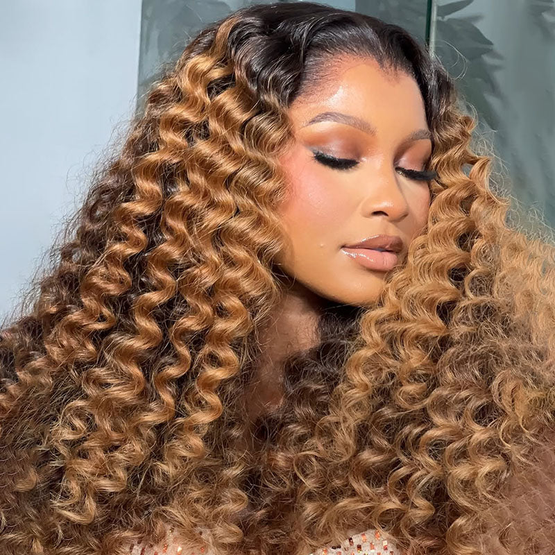 eullair T1B/Honey Brown Deep Curly Human Hair Lace Frontal Wig Pre Colored Glueless Lace Wig For Women ( EW012 )