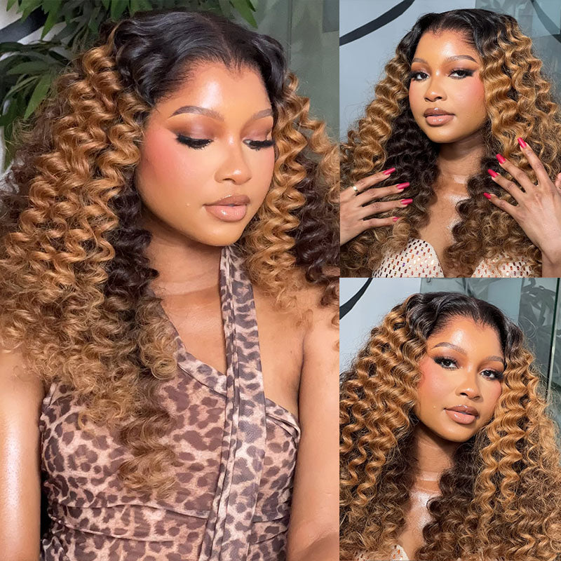 eullair T1B/Honey Brown Deep Curly Human Hair Lace Frontal Wig Pre Colored Glueless Lace Wig For Women ( EW012 )