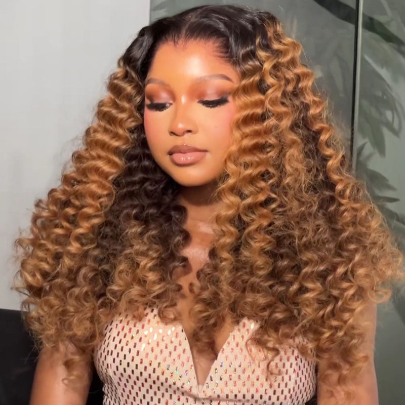 eullair T1B/Honey Brown Deep Curly Human Hair Lace Frontal Wig Pre Colored Glueless Lace Wig For Women ( EW012 )