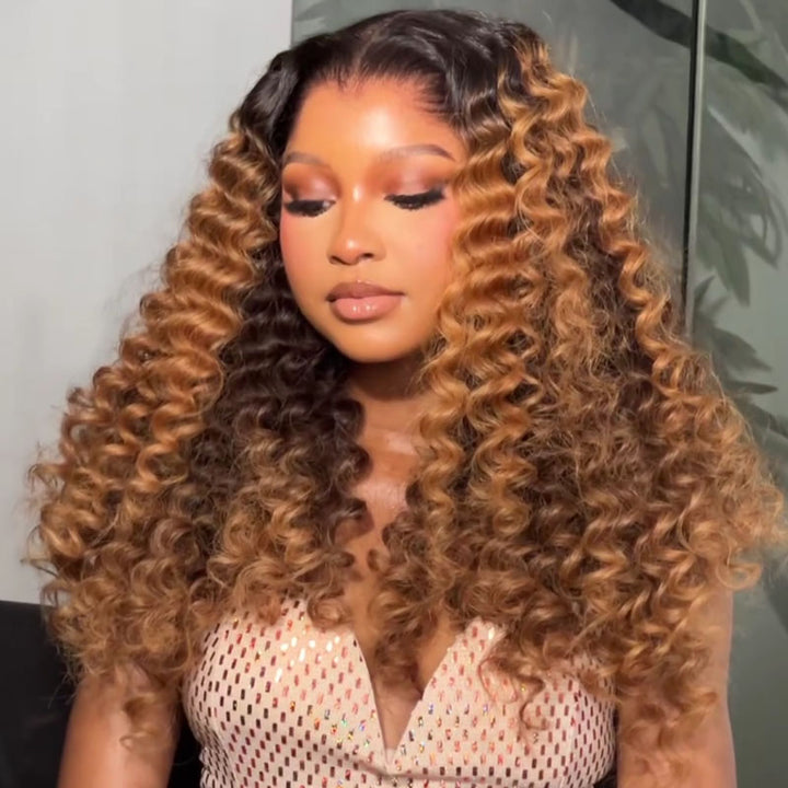 eullair T1B/Honey Brown Deep Curly Human Hair Lace Frontal Wig Pre Colored Glueless Lace Wig For Women ( EW012 )