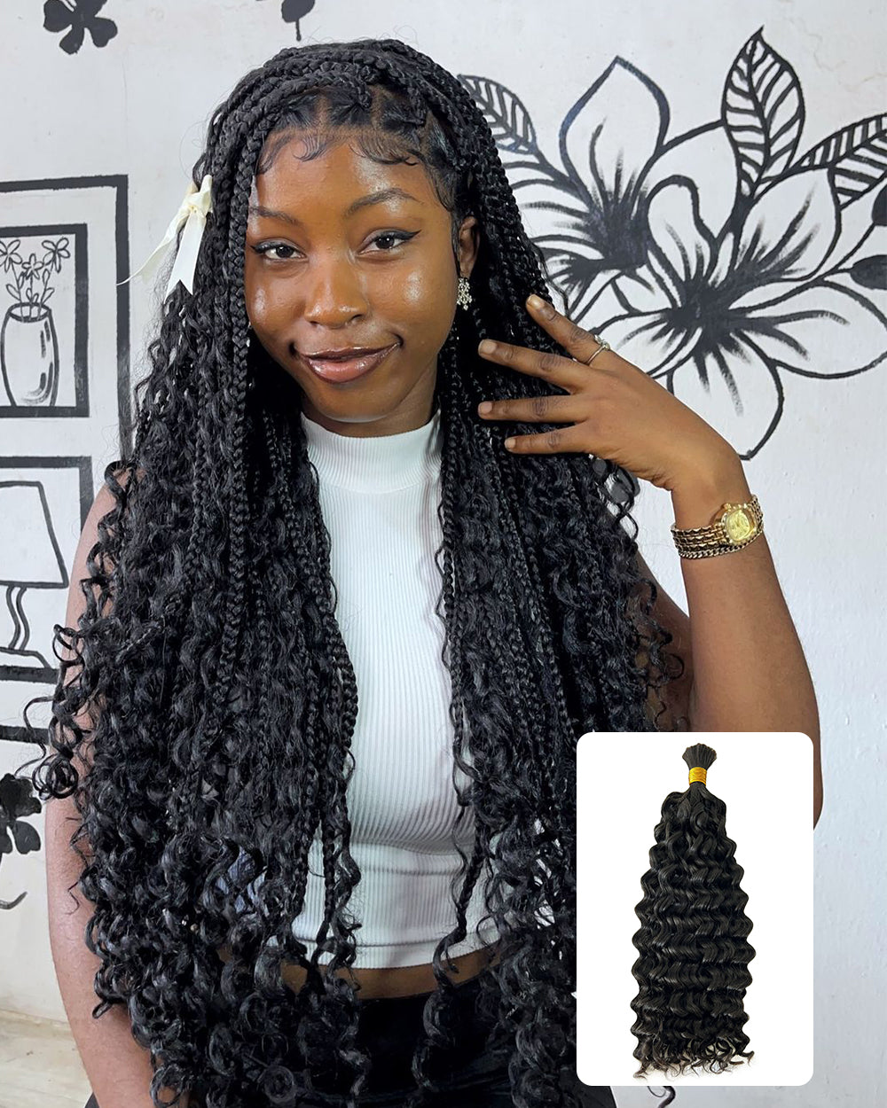 eullair Water Wave Curly Human Hair for Braiding | 65g Bulk Remy Hair Extensions - Natural Black