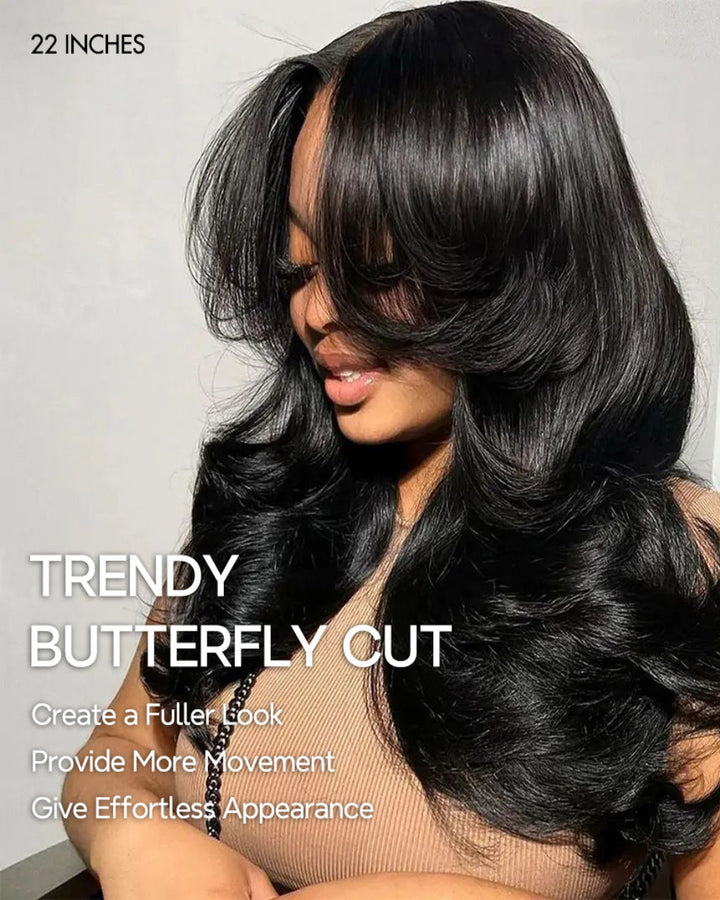 Butterfly Layered Cut Loose Way Wig With Curtain Bangs eullair Body Wave Pre Cut Lace Human Hair Wig