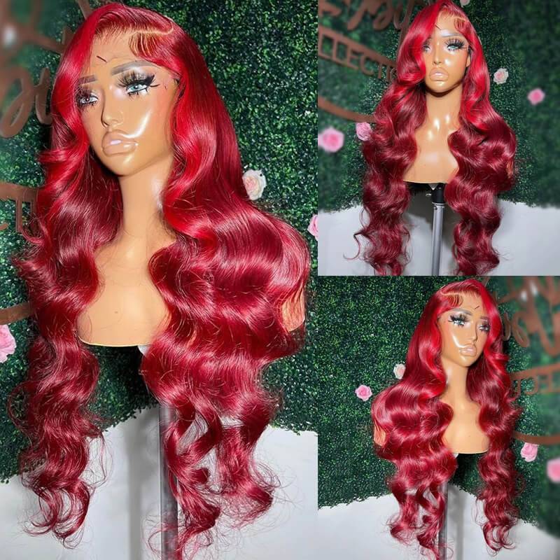 eullair Bright 99J with Red Highlight Skunk Stripe Body Wave Human Hair Lace Frontal Wig