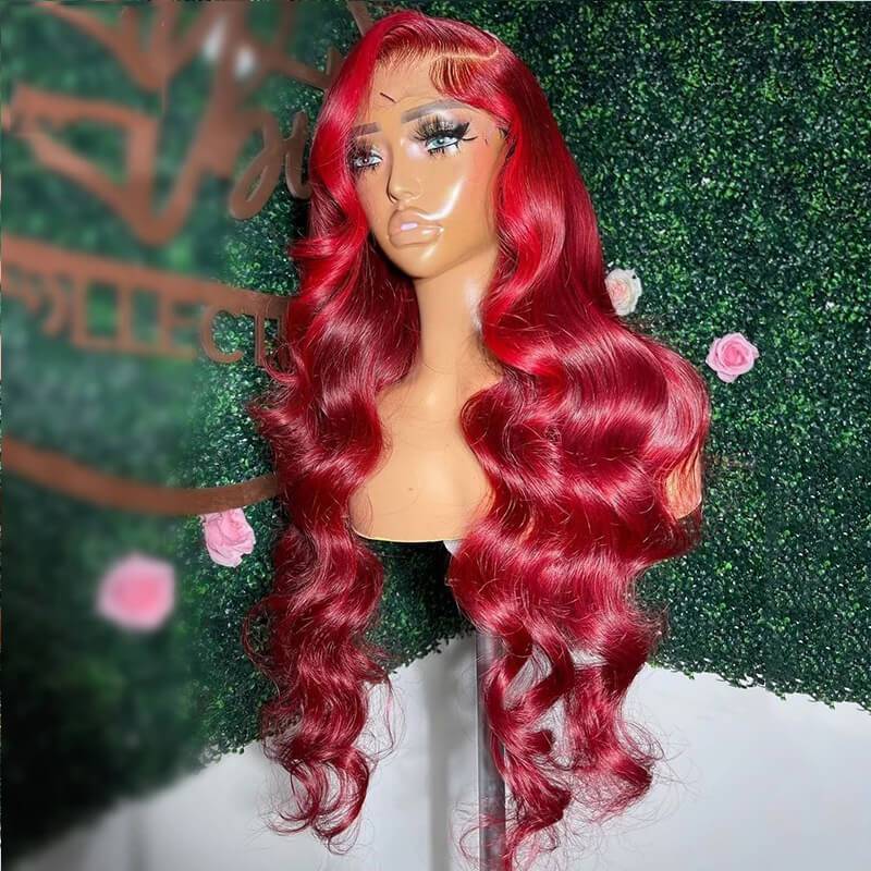 eullair Bright 99J with Red Highlight Skunk Stripe Body Wave Human Hair Lace Frontal Wig