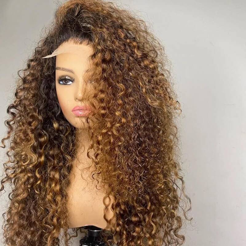 eullair Ombre 1b/30 Brown Highlights Curly Wig with 1b Roots Lace Frontal Human Hair Wig