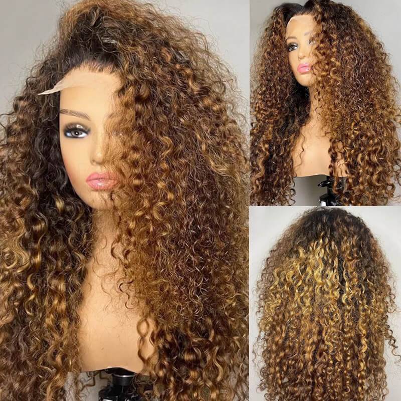 eullair Ombre 1b/30 Brown Highlights Curly Wig with 1b Roots Lace Frontal Human Hair Wig