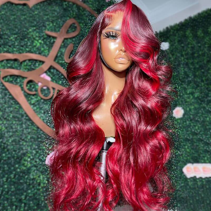 eullair Burgundy Red Highlight Body Wave Wig Skunk Stripe Lace Frontal Human Hair Wig Transparent Lace