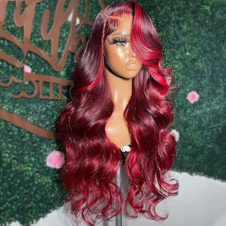 eullair Burgundy Red Highlight Body Wave Wig Skunk Stripe Lace Frontal Human Hair Wig Transparent Lace