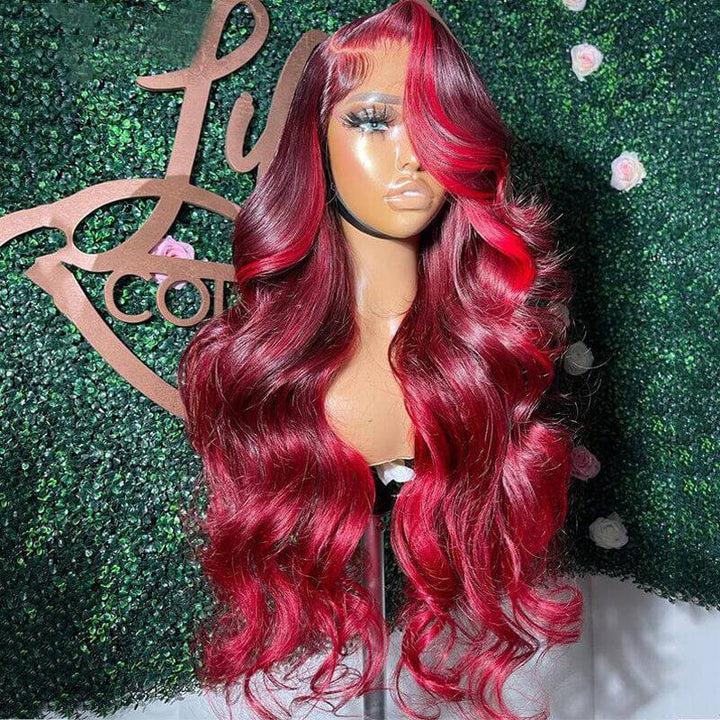 eullair Burgundy Red Highlight Body Wave Wig Skunk Stripe Lace Frontal Human Hair Wig Transparent Lace