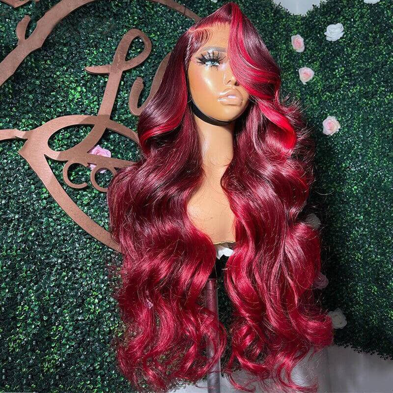 eullair Burgundy Red Highlight Body Wave Wig Skunk Stripe Lace Frontal Human Hair Wig Transparent Lace