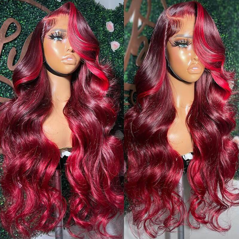 eullair Burgundy Red Highlight Body Wave Wig Skunk Stripe Lace Frontal Human Hair Wig Transparent Lace