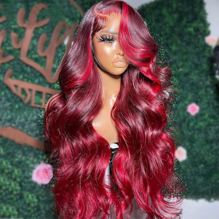 eullair Burgundy Red Highlight Body Wave Wig Skunk Stripe Lace Frontal Human Hair Wig Transparent Lace