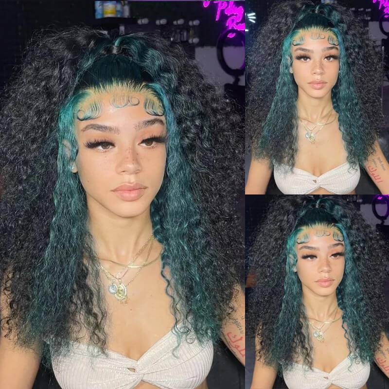 eullair Curly Wig with Green Highlights Transparent Lace Frontal Human Hair Wigs For Black Women