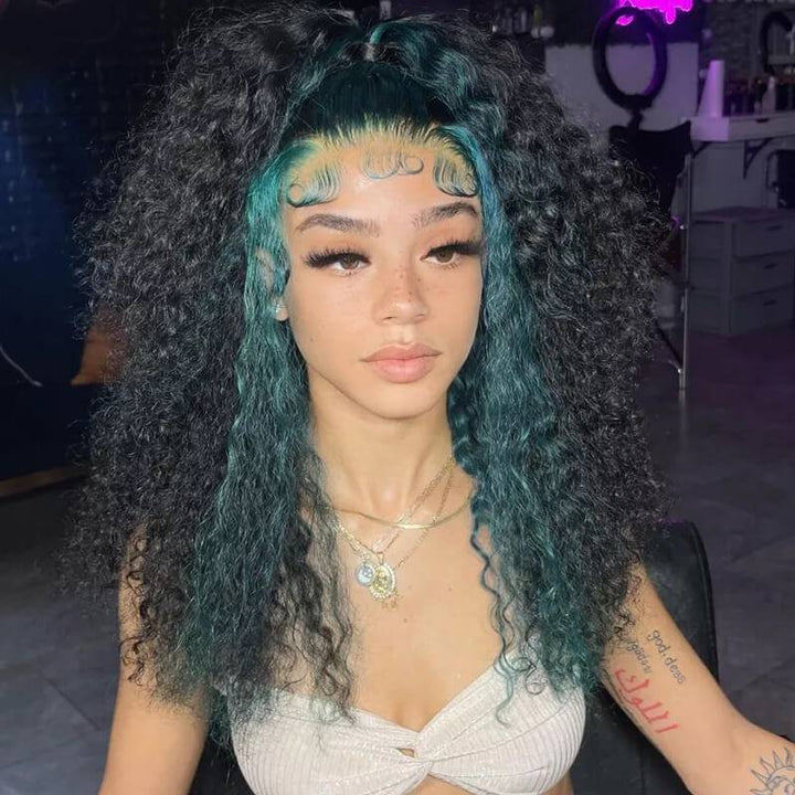 eullair Curly Wig with Green Highlights Transparent Lace Frontal Human Hair Wigs For Black Women