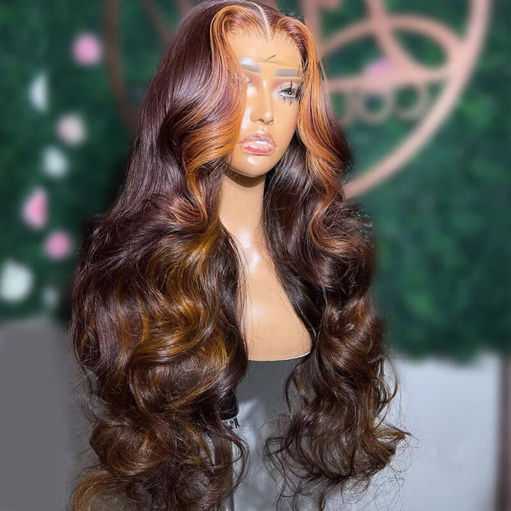 eullair Dark Brown Body Wave Wig with Honey Blonde Highlights Skunk Stripe Lace Frontal Wig