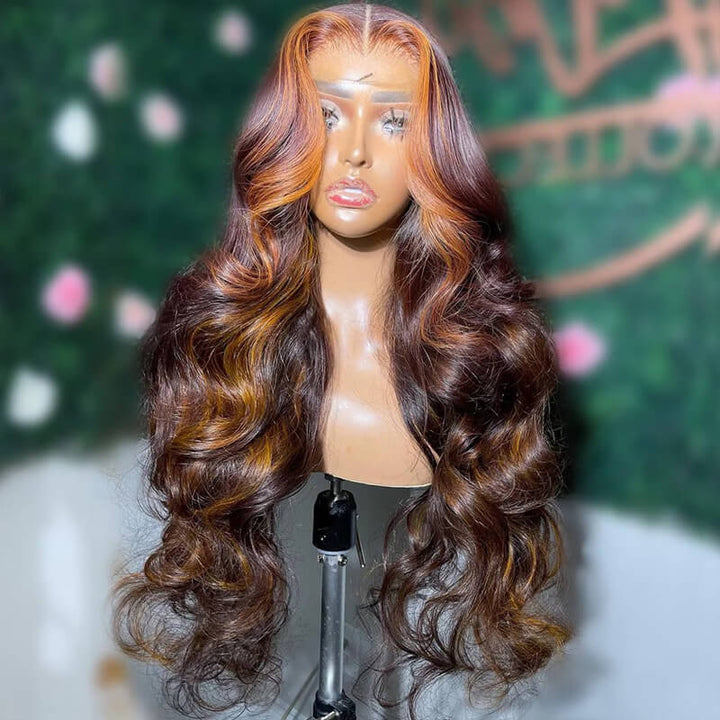 eullair Dark Brown Body Wave Wig with Honey Blonde Highlights Skunk Stripe Lace Frontal Wig